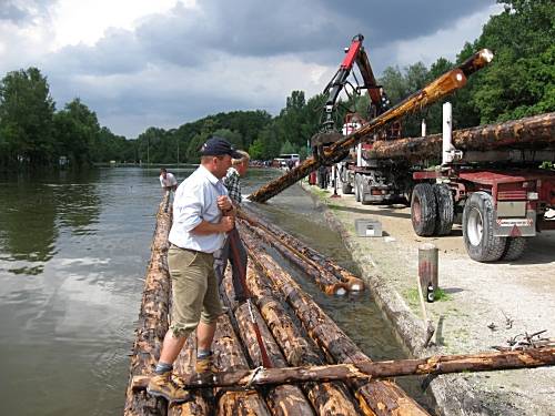 Isarfloßfahrt: Die Flöße werden auseinander gebaut und die Stämme zum Rücktransport auf den LKW geladen